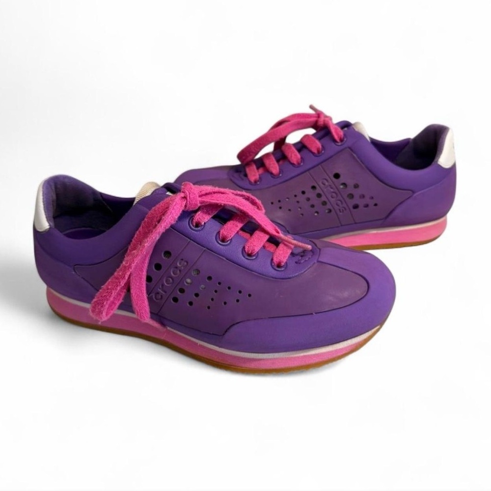 CROCS Junior Purple Retro G Sneakers with Pink Elastic Laces